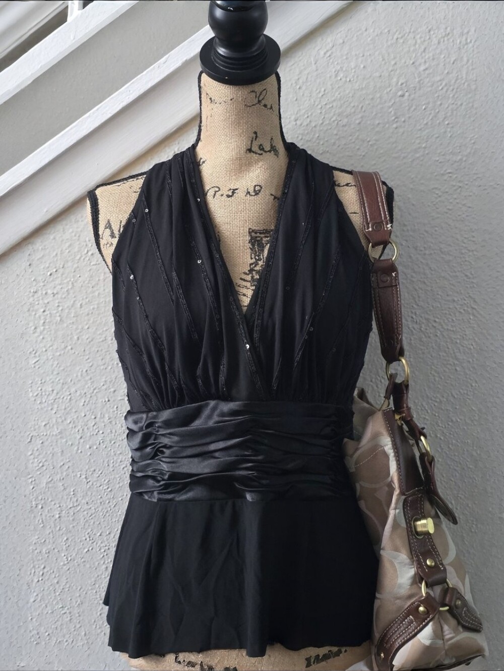 Evan Picone Vintage Black Sequin Halter Top Whimsigoth Goth Glam Size 12